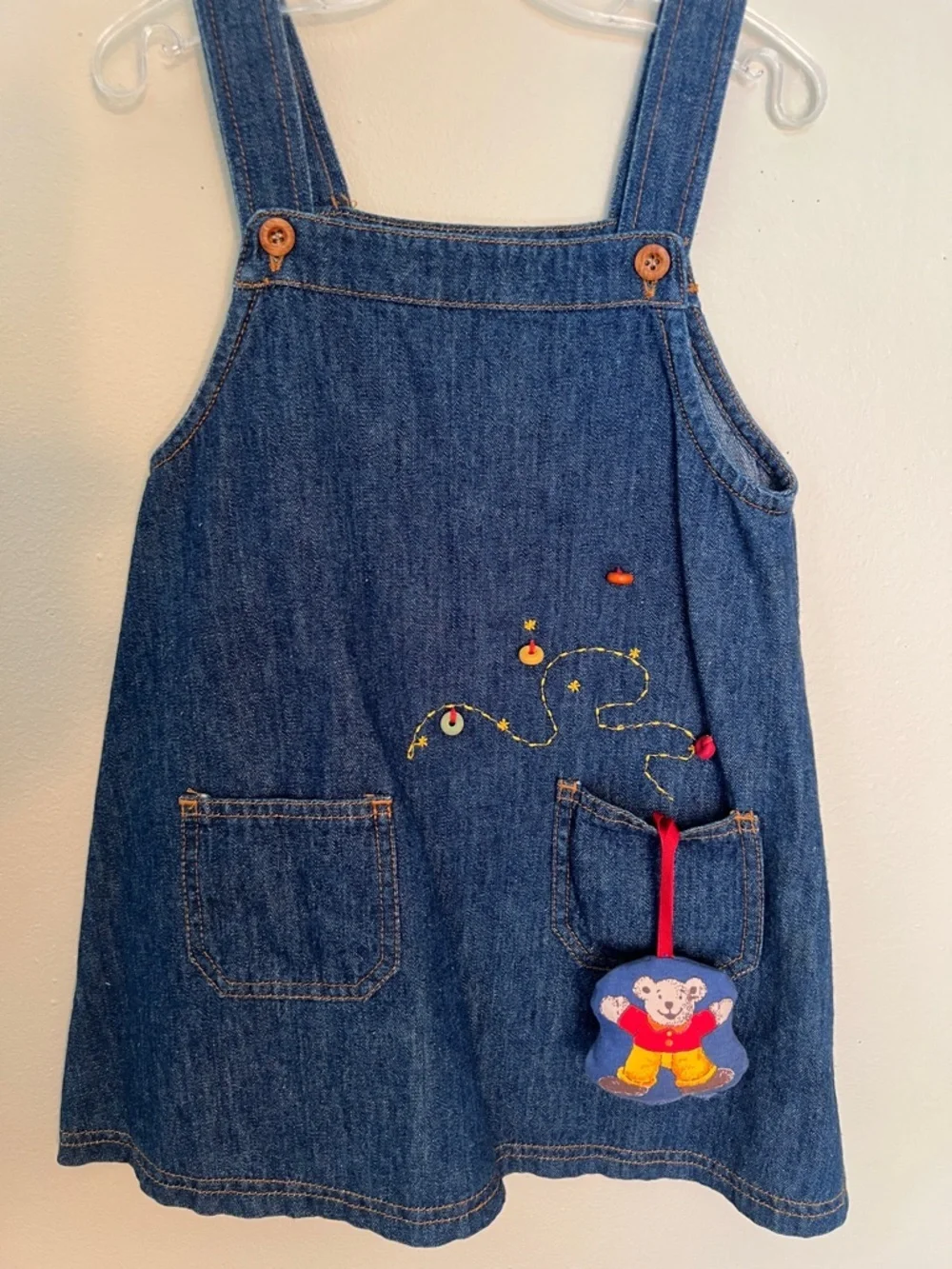 Vintage Children's Blue Denim Overall Dress with Bear Appliqué. Suzéu​